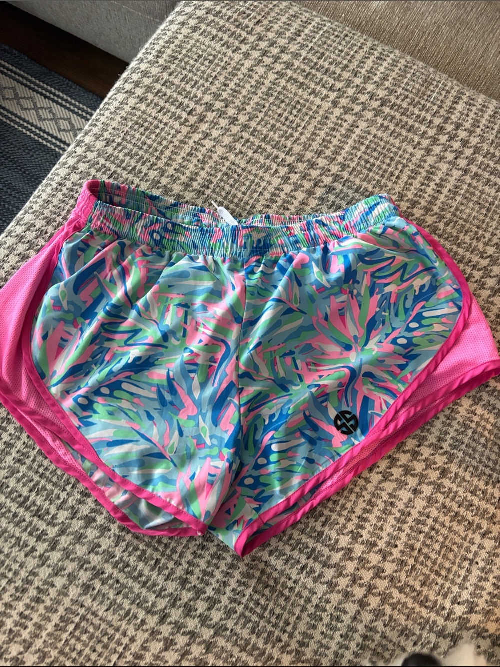 Simply Southern Tropical Print Athletic Shorts with Pink Trim